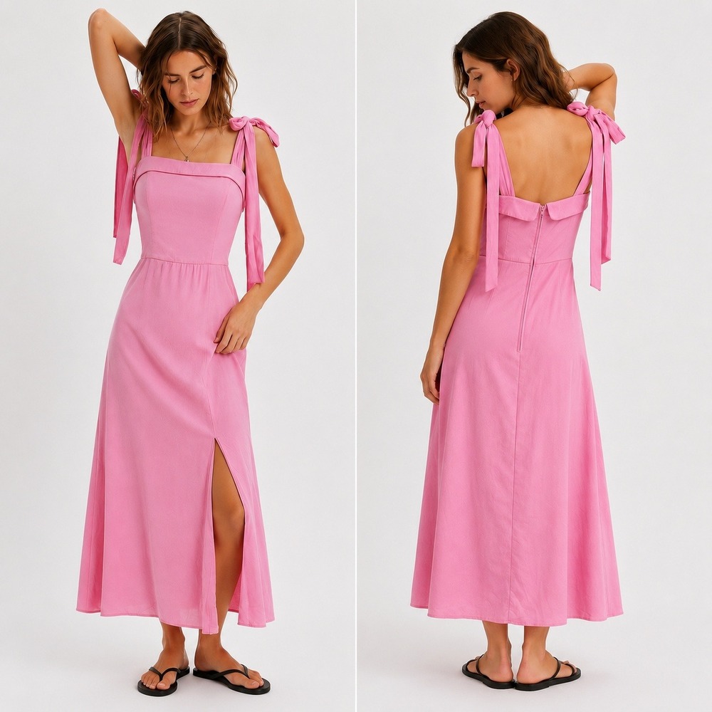 Trixxi Tie Shoulder Midi Dress M Pink Romantic Feminine Coquette Barbiecore - Picture 1 of 12